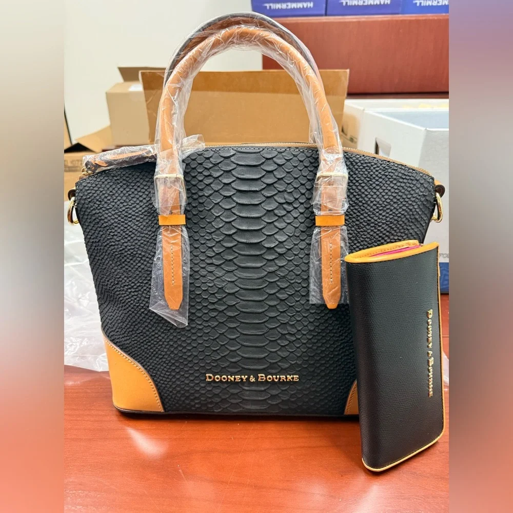 Dooney & Bourke Black and Tan Leather Handbag & Wallet - Picture 2 of 6